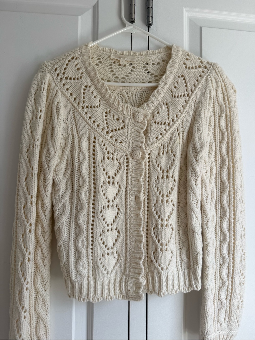 LoveShackFancy Cream Cable-Knit Heart Motif Cardigan